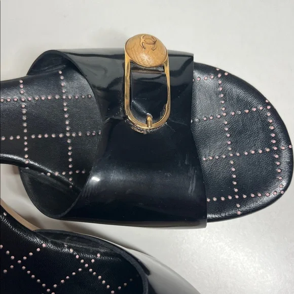 Chanel Patent Leather Wood Mule Wedges Slip On’s Logo Buckle Women's 7.5 B - Picture 4 of 16